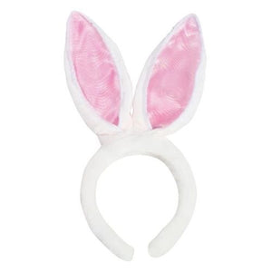 Plush Easter Rabbit Bunny White Headband w Pink Satin Ears Accessory