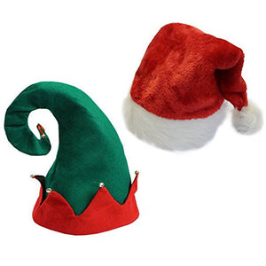 Christmas Adult Hats- Felt Elf Hat & Red Santa Hat Set of 2 One-size Fits Most Adults