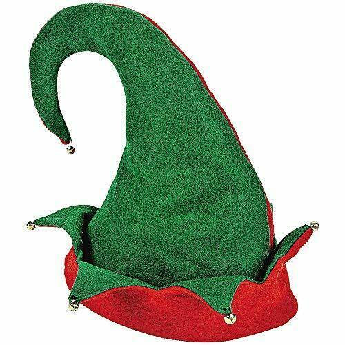 Christmas Felt Elf Hat with Jingle Bells Green and Red Adult